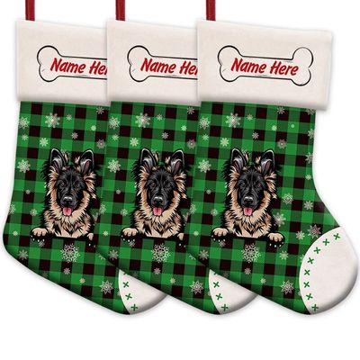 MALIHONG 3 Pack Personalized Christmas Green Buffalo Plaid Stocking with Lovely Puppy German Shepherd Snowflake Home Decorations Gifts for Family 14.4"