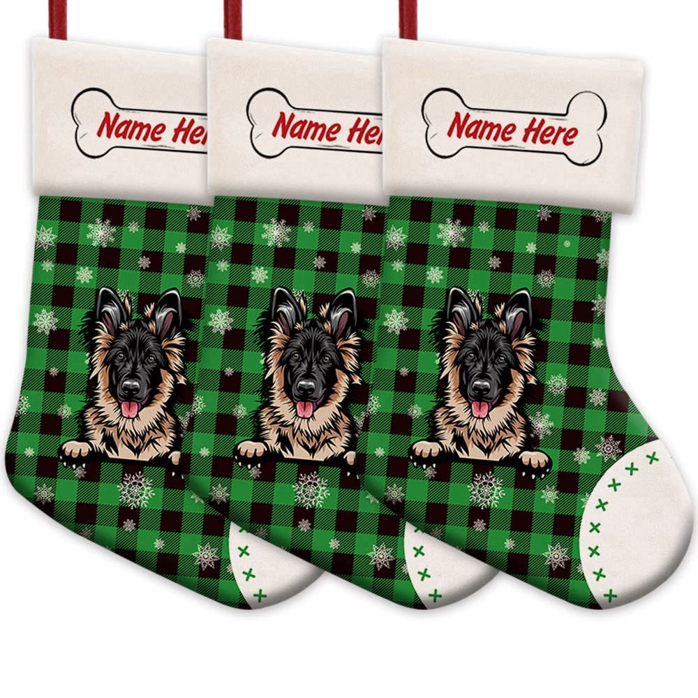 MALIHONG 3 Pack Personalized Christmas Green Buffalo Plaid Stocking with Lovely Puppy German Shepherd Snowflake Home Decorations Gifts for Family 14.4"