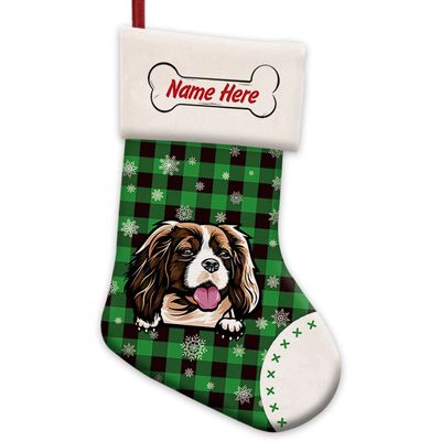 MALIHONG 1 Pack Personalized Christmas Green Buffalo Plaid Stocking with Lovely Dog Cavalier King Charles Spaniel Snowflake Home Decorations Gifts for Family 14.4"