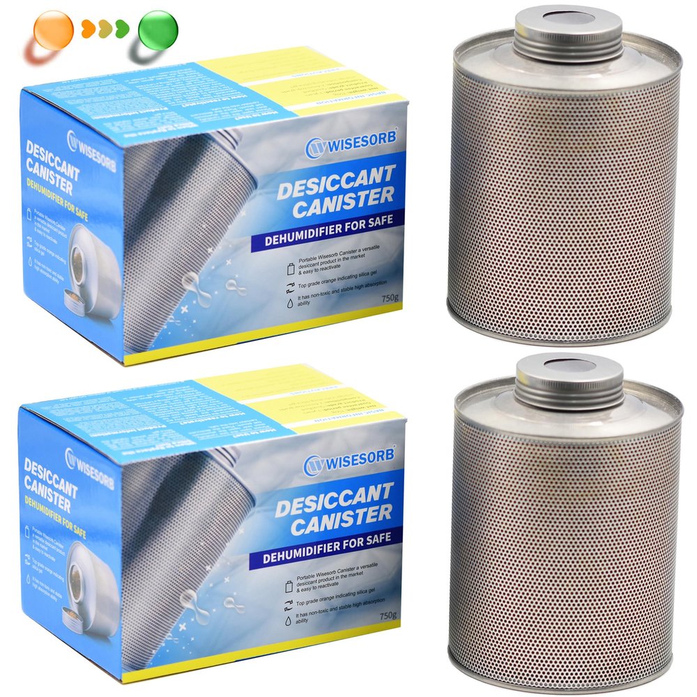 Wisesorb 750 Grams Gun Safe Dehumidifier, 2 Pack Reusable Canister Desiccant Dehumidifier, Rechargeable 1.65 Lbs Indicating Silica Gel Orange to Green