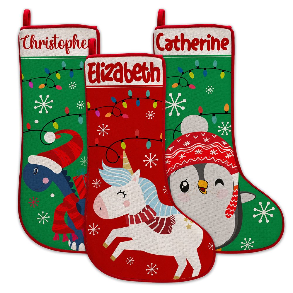 4 Pack, Personalized Christmas Stockings, w Name - 6 Animal Themes, 6 Fonts - Custom Christmas Stockings Gifts for Family, Kids, Customized Xmas Stocking for Fireplace Decoration, Christmas Decor