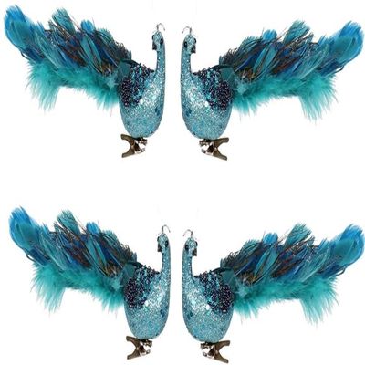 11" Blue Peacock Christmas Ornaments with Clip, Closed Tail Feather Bird with Glitter, Decor Set for Christmas Tree (4 Pack)