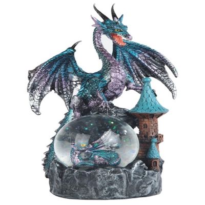 8" H Blue Purple Dragon on Castle Snow Globe Statue Fantasy Tabletop Figurine Decoration