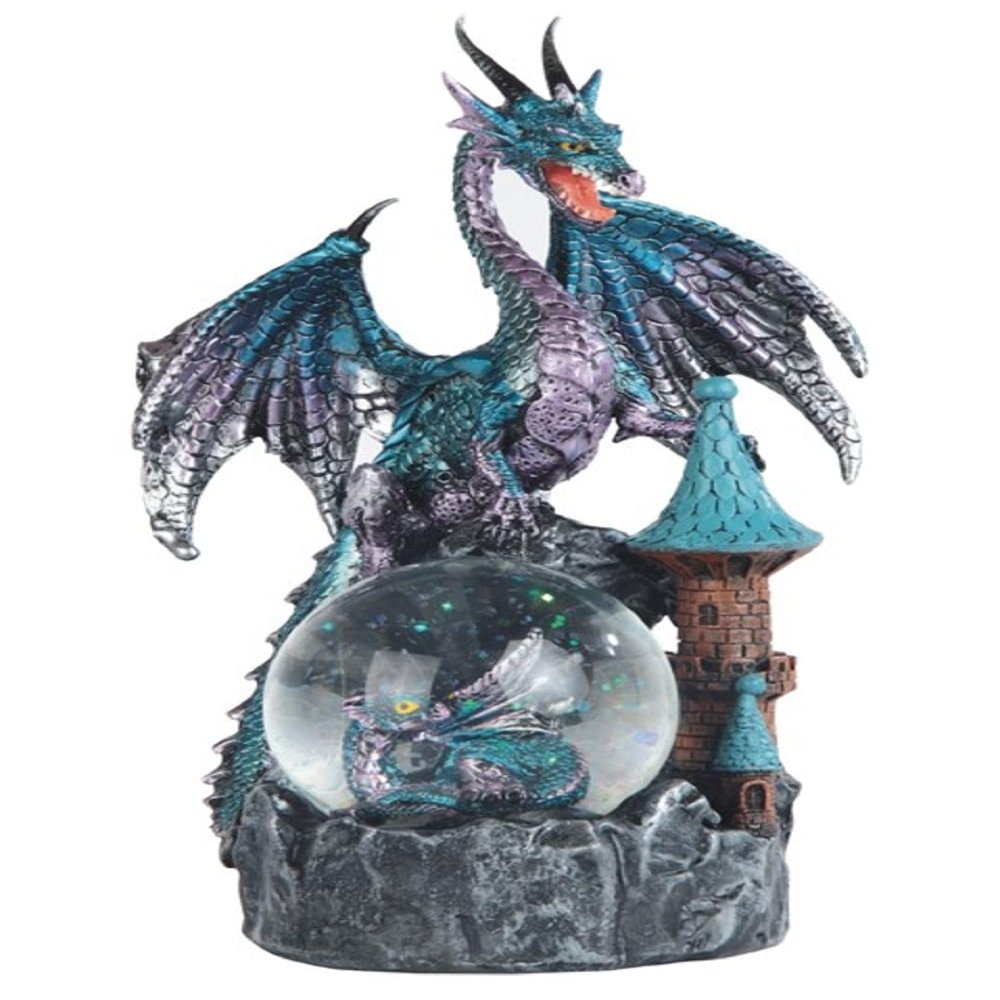 8" H Blue Purple Dragon on Castle Snow Globe Statue Fantasy Tabletop Figurine Decoration
