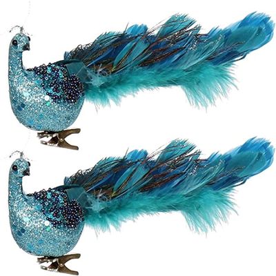 11" Blue Peacock Christmas Ornaments with Clip, Closed Tail Feather Bird with Glitter, Decor Set for Christmas Tree (2 Pack)