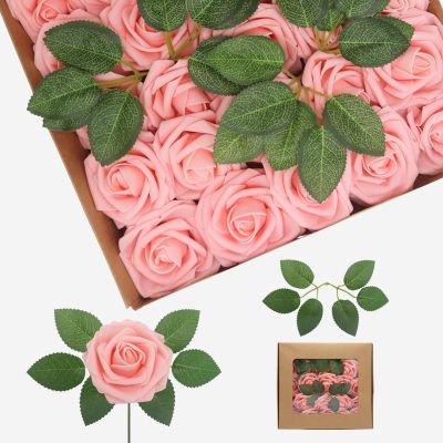 YEHLIABO Artificial Flowers Real Looking Foam Fake Roses, Rose Artificial Wedding Flowers Combo for Wedding Bouquets Centerpieces Flower Arrangements Decorations (Pink, 25)