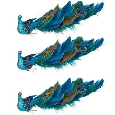 11" Blue Peacock Christmas Ornaments with Clip, Closed Tail Feather Bird with Glitter, Decor Set for Christmas Tree (3 Pack)