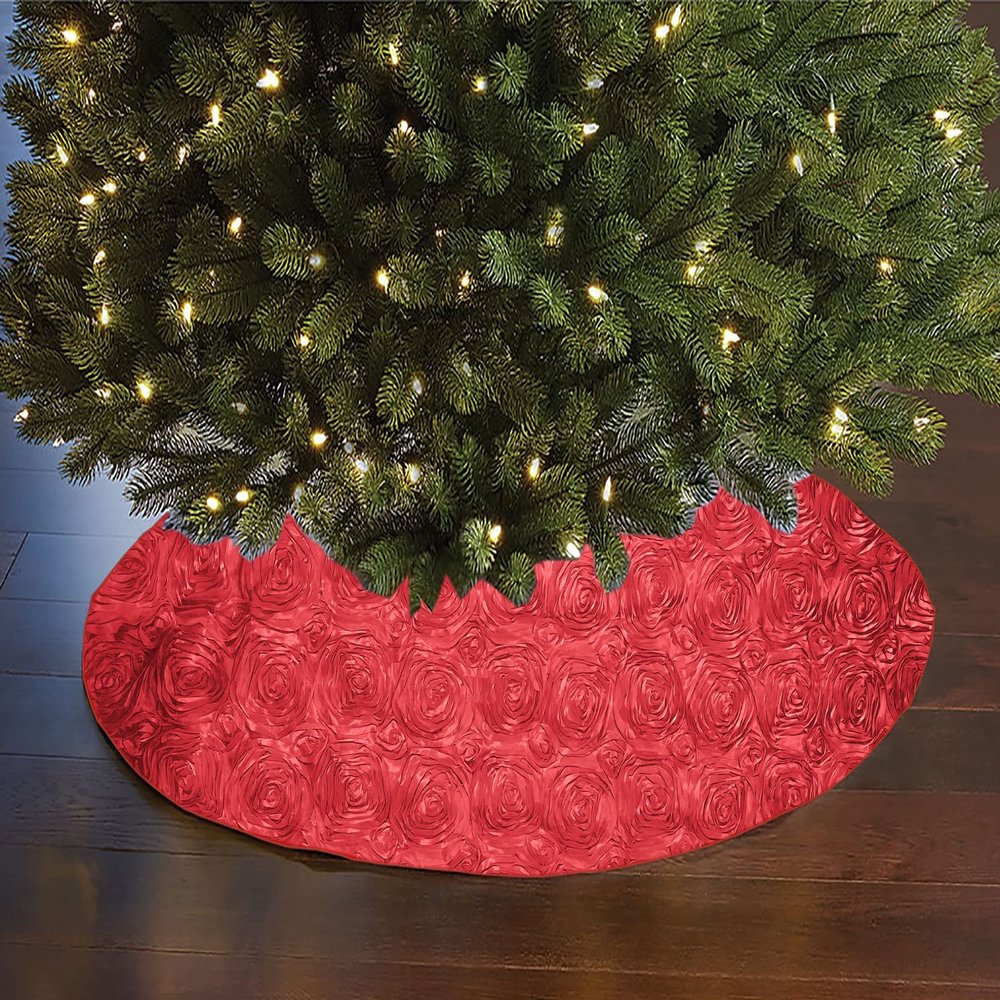 Floral Ribbon Rosette Tree Skirt Christmas Decoration 52" Round Holiday Event Tree Dcor (Coral)