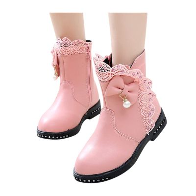 PU Leather Butterfly Knot Princess Shoes for Little Kid/Big Kids Girls 4-12 Years Non-Slip Fur Lining Boots Snow Boots (Pink, 11-11.5Years)