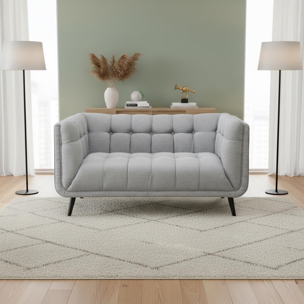 AC Pacific Modern Mid-Century Button Tufted Upholstered Loveseat, Gray