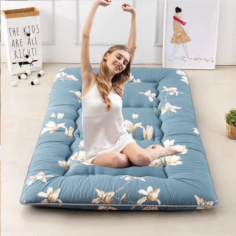BOOMLATU Flowers Pattern Japanese Mattress for Sleeping,Thicken Tatami Mat Foldable Mattress Floor Bed for Kids Adults (White Flowers, Twin-40"x80"x4.5")