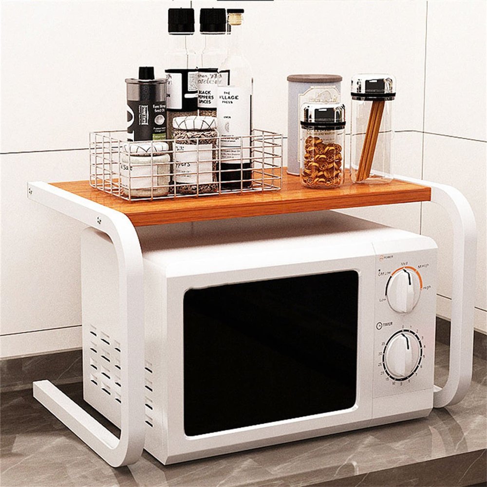 1 Tier Microwave Oven Rack Microwave Shelf Kitchen Counter Shelf and Organizer Carbon Steel 55lbs Weight Capacity Matte Black and White (21.7x12.6x13) Inch