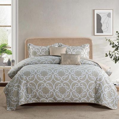 Home Soft Things 5 Piece Printed Microfiber Quilts Bedding Set Oversize King 122" x 106", Taupe White Scroll Design, Soft Warm Lightweight Prewashed Bedspread Coverlet Set, Glena Gatework
