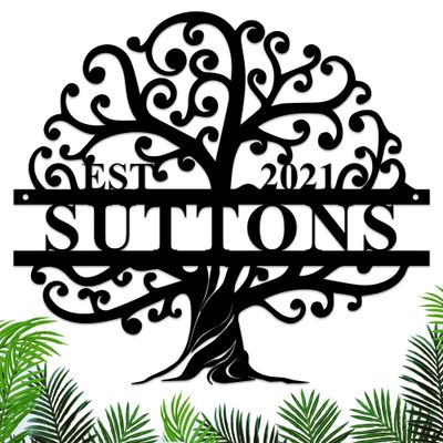 ONGNOU Personalized Last Name Metal Sign - Tree of Life Metal Wall Art Monogram Decor - Custom Name Sign for Family, Anniversary & Wedding Gifts
