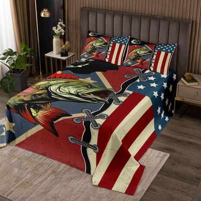 American Flag Bedspread Twin for Boy Teens Bass Fishing Bedding Set Vintage USA Flag Quilted Coverlet Adult Women Girls Big Pike Fish Farmhouse Fishing Hunting Decor Bedspread with 1 Pillowcase