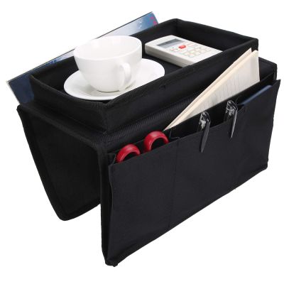 Shanrya Sofa Armrest Organizer Caddy, 4 Pockets Couch Armchair Caddy TV Remote Control Holder Bag with Cup Tray for Snacks Glasses Smartphone Magazines(11.8x7.1x7.1in-Black)