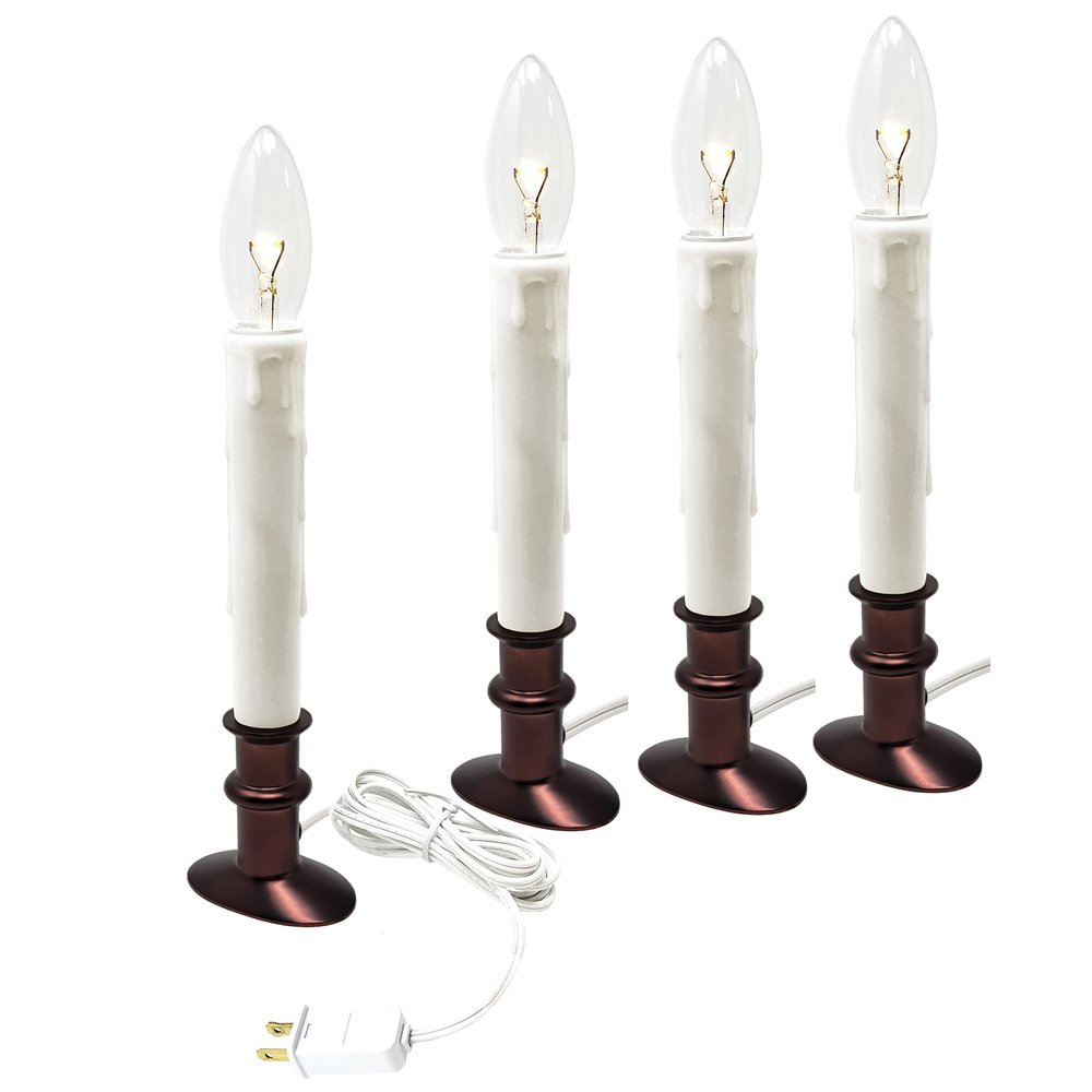612 Vermont Electric LED Window Candle with Clear Bulb, Automatic Timer, Metal Slimline Base, VT-9133-AW-R4 (Antique Bronze, Pack of 4)