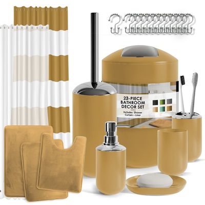 Clara Clark Bathroom Set  Bathroom Sets with Shower Curtain and Rugs, Soft Bathroom Rugs Non Slip, 23PC Gold Bathroom Accessories Set Complete with Bath Rugs, Shower Curtain Set with Liner and Hooks