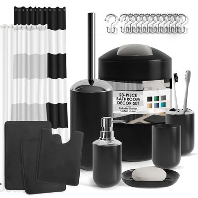 Clara Clark Bathroom Set - Black Bathroom Accessories Set, Bathroom Sets with Shower Curtain and Rugs, 23PC Shower Curtain Set with Liner, Soap Dispenser, Toilet Brush, & Trash Can