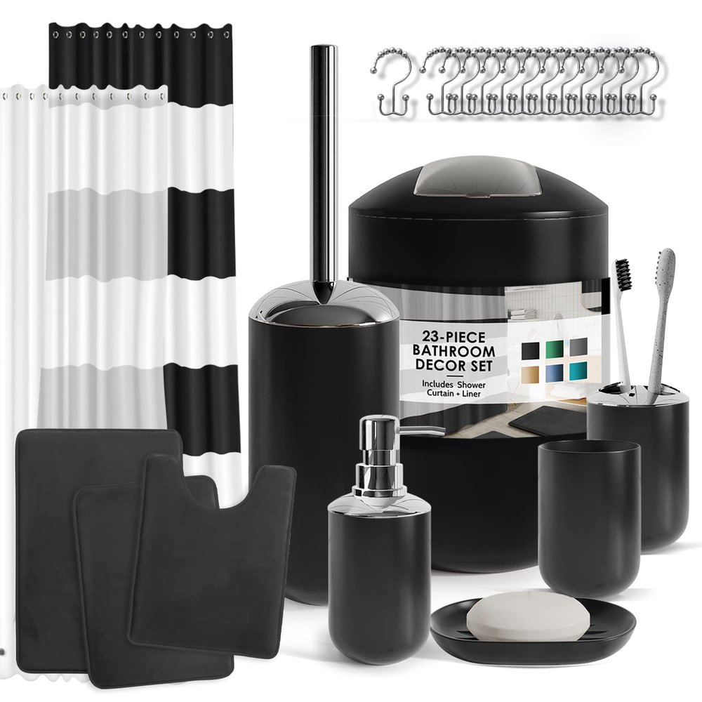 Clara Clark Bathroom Set - Black Bathroom Accessories Set, Bathroom Sets with Shower Curtain and Rugs, 23PC Shower Curtain Set with Liner, Soap Dispenser, Toilet Brush, & Trash Can
