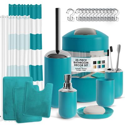 Clara Clark Bathroom Set - Teal Bathroom Accessories Set, Bathroom Sets with Shower Curtain and Rugs, 23PC Shower Curtain Set with Liner, Soap Dispenser, Soap Dish, Toilet Brush Holder, and Trash Can