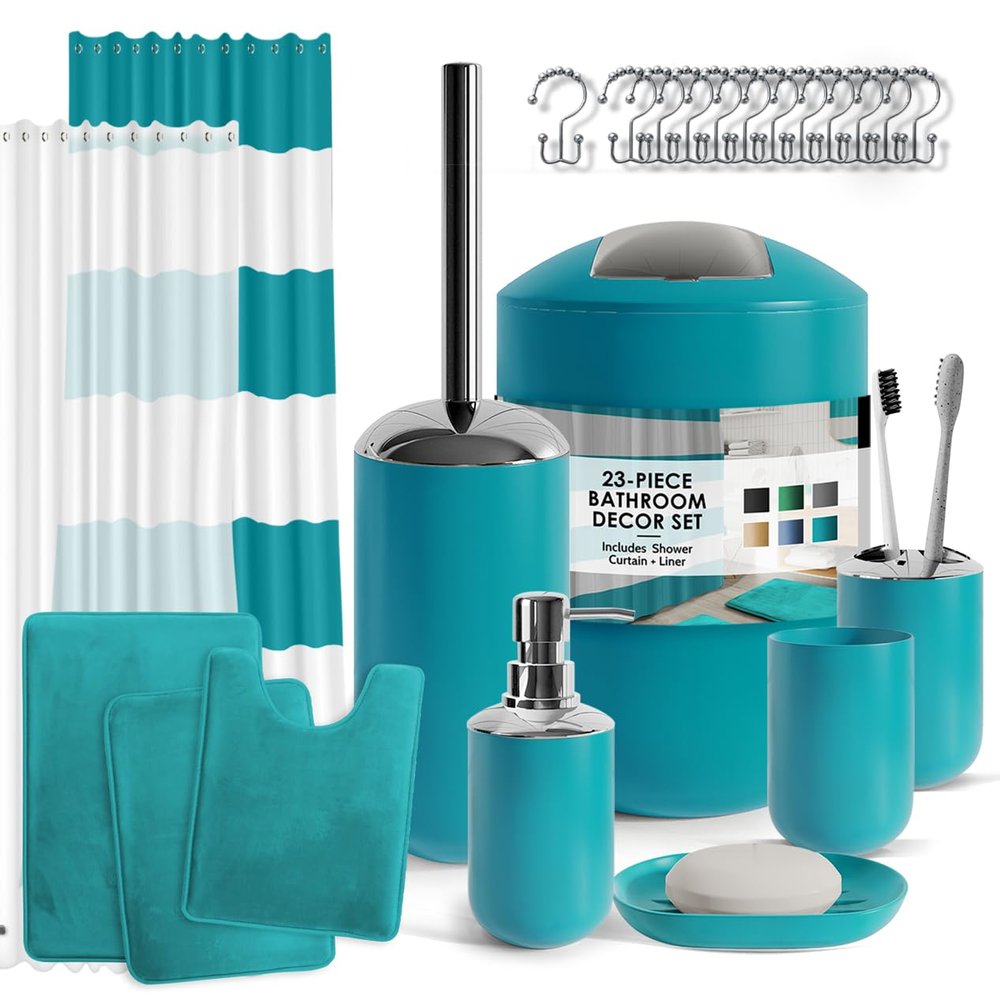 Clara Clark Bathroom Set - Teal Bathroom Accessories Set, Bathroom Sets with Shower Curtain and Rugs, 23PC Shower Curtain Set with Liner, Soap Dispenser, Soap Dish, Toilet Brush Holder, and Trash Can