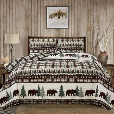 3 Piece Reversible Quilt Set with Shams | All-Season Soft & Lightweight Bedspread | Rustic Lodge Cabin Printed Plaid Design | Cedar Creek Collection (King, Chocolate/Green)