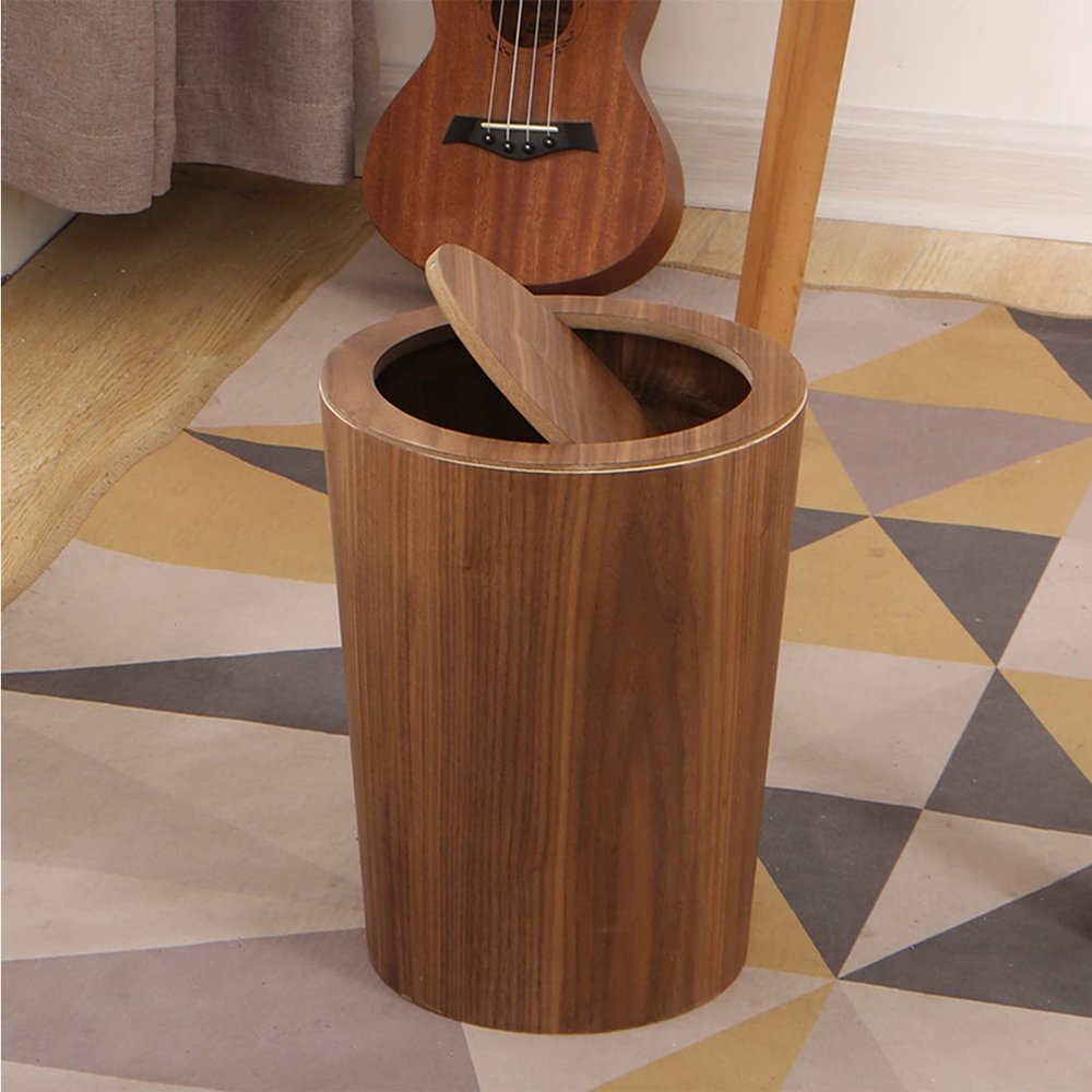 DRSFF Wooden Clamshell Trash Creative Round Wastebasket for Living Room Bedroom Kitchen Office Waste Paper Basket Storage Bucket Bathrooms Large Trash Bins