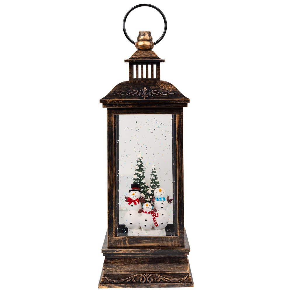 11" Black with Brushed Gold LED Snowman Family Christmas Lantern Snow Globe