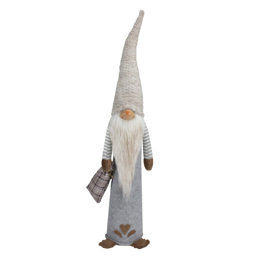 23" Gray and Beige Boy Christmas Gnome with Plaid Toy Sack Figure