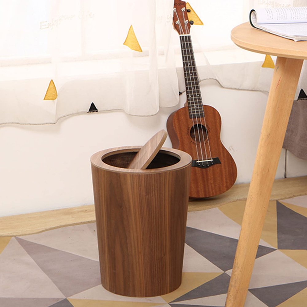 DRSFF Wooden Clamshell Garbage Can Bathrooms Kitchen Large Trash Bins Creative Round Wastebasket Storage Bucket for Living Room Bedroom Office Waste Paper Basket