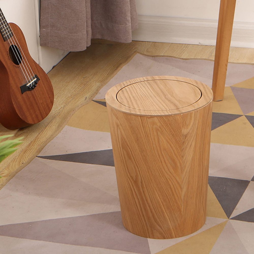 DRSFF Nordic Simple Office Wastebasket Kitchen Clamshell Rubbish Bins Wooden Large Round with Lid Garbage Can Under Desk Trash Bucket  for Bathrooms Living Room Bedroom