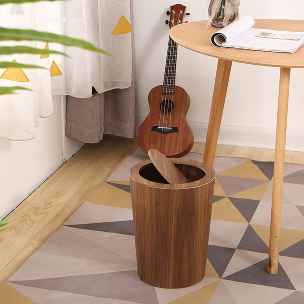 DRSFF Simple Kitchen Clamshell Trash Bins Wooden Bathrooms Garbage Can Under Desk Round Waste Paper Basket for Office Living Room Bedroom Large Wastebasket  10L
