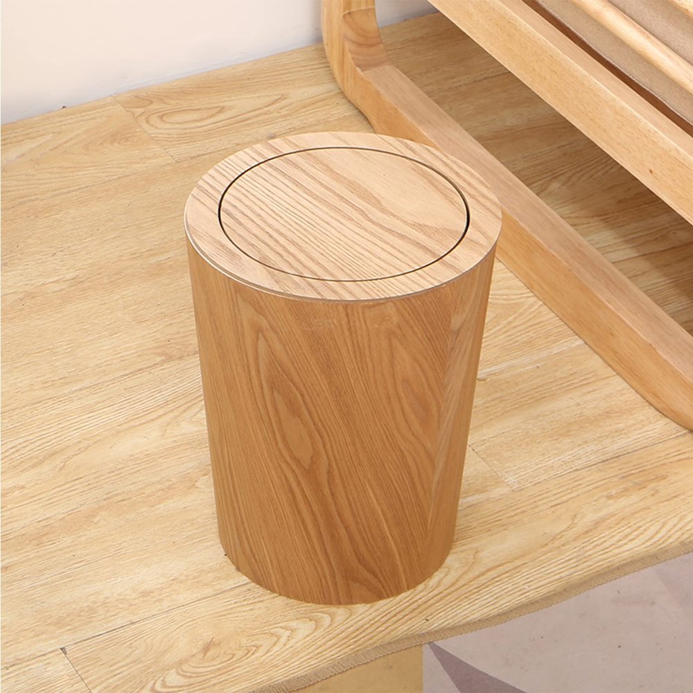 DRSFF Clamshell Trash Bins for Kitchen Bathrooms  Living Room Bedroom Office Under Desk Garbage Can Wooden Round Rubbish Bucket Simple Large Wastebasket