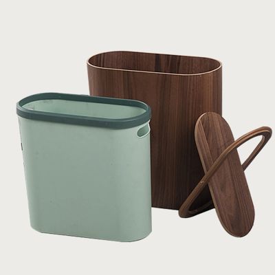 DRSFF Ultra-Narrow Trash Can with Swing Top Lid for Bathroom Kitchen Bedroom Nordic Home Wooden Large Gap Garbage Bin Offices Durable Rubbish Container Wastebasket (Color : B)
