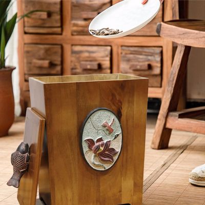 DRSFF Wooden Clamshell Trash Can Large Size 8 L Rubbish Bin for Bedroom, Kitchen, Bathroom - Creative Chinese Garbage Bucket Home Office Waste Paper Basket (Color : A)