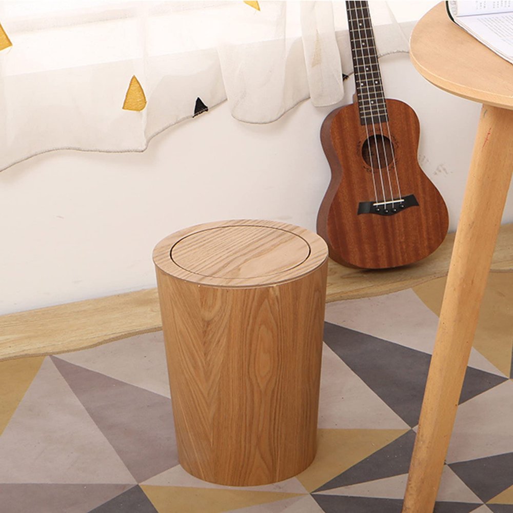 DRSFF Clamshell Trash Bins Wooden Rubbish Bucket Simple Large Wastebasket Round Creative Garbage Can with Lid  for Kitchen Bathrooms Living Room Bedroom Office