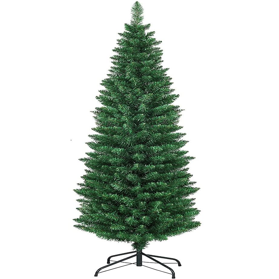 HAPPYGRILL 6FT Pencil Christmas Tree Slim Xmas Tree for Home Outdoor Decoration Unlit Artificial Christmas Tree with Foldable Metal Stand PVC Material