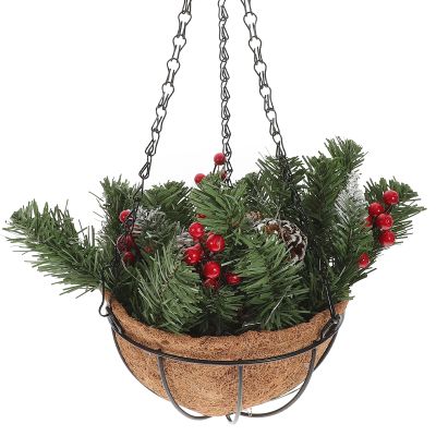 Pre-Lit Artificial Christmas Hanging Basket, 17.7 Inches, Decorated with Frosted Pine Cones and Berry Clusters, 30 LED Warm Lights, Ideal for Outdoor Front Porch and Garden Decorations