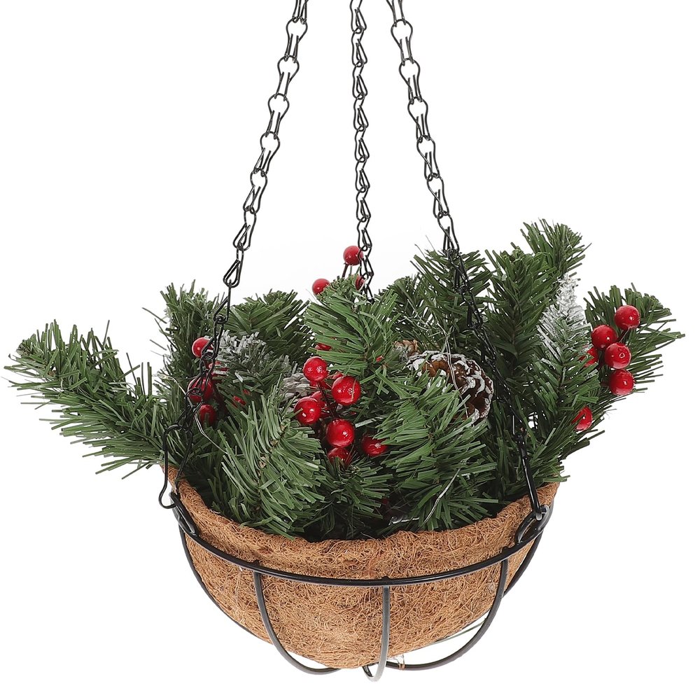 Pre-Lit Artificial Christmas Hanging Basket, 17.7 Inches, Decorated with Frosted Pine Cones and Berry Clusters, 30 LED Warm Lights, Ideal for Outdoor Front Porch and Garden Decorations