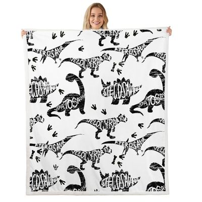 Dinosaur Print Sherpa Blanket - Black and White Dino Alphabet Fleece Throw for Bed, Sofa, Couch - Kids Jungle Animal Wildlife Decor - Ultra Soft, Warm, Fuzzy - 40"x50"
