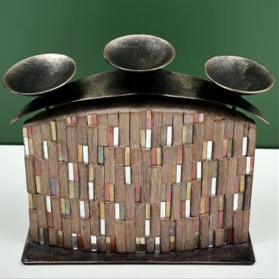 13" Handmade Wooden Candle Stand with Decorated by Glass Pieces - Wood with Iron and Glass