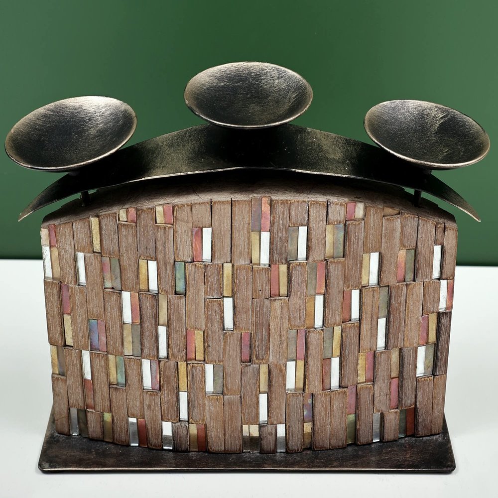 13" Handmade Wooden Candle Stand with Decorated by Glass Pieces - Wood with Iron and Glass