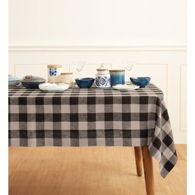 Solino Home Linen Checkered Tablecloth 60 x 120 Inch - 100% Pure Linen Natural and Black Table Cloth for Rectangle Tables - Machine Washable Tablecloth for Winter, Spring