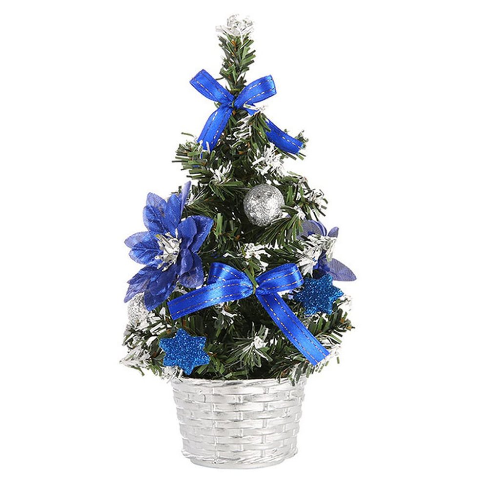 Queenbox 7.8in Mini Tabletop Christmas Tree, with Glitter Xmas Pine Cone, Ball, Gift Box Ornament for Table Top Desk Home Office Decor, Blue