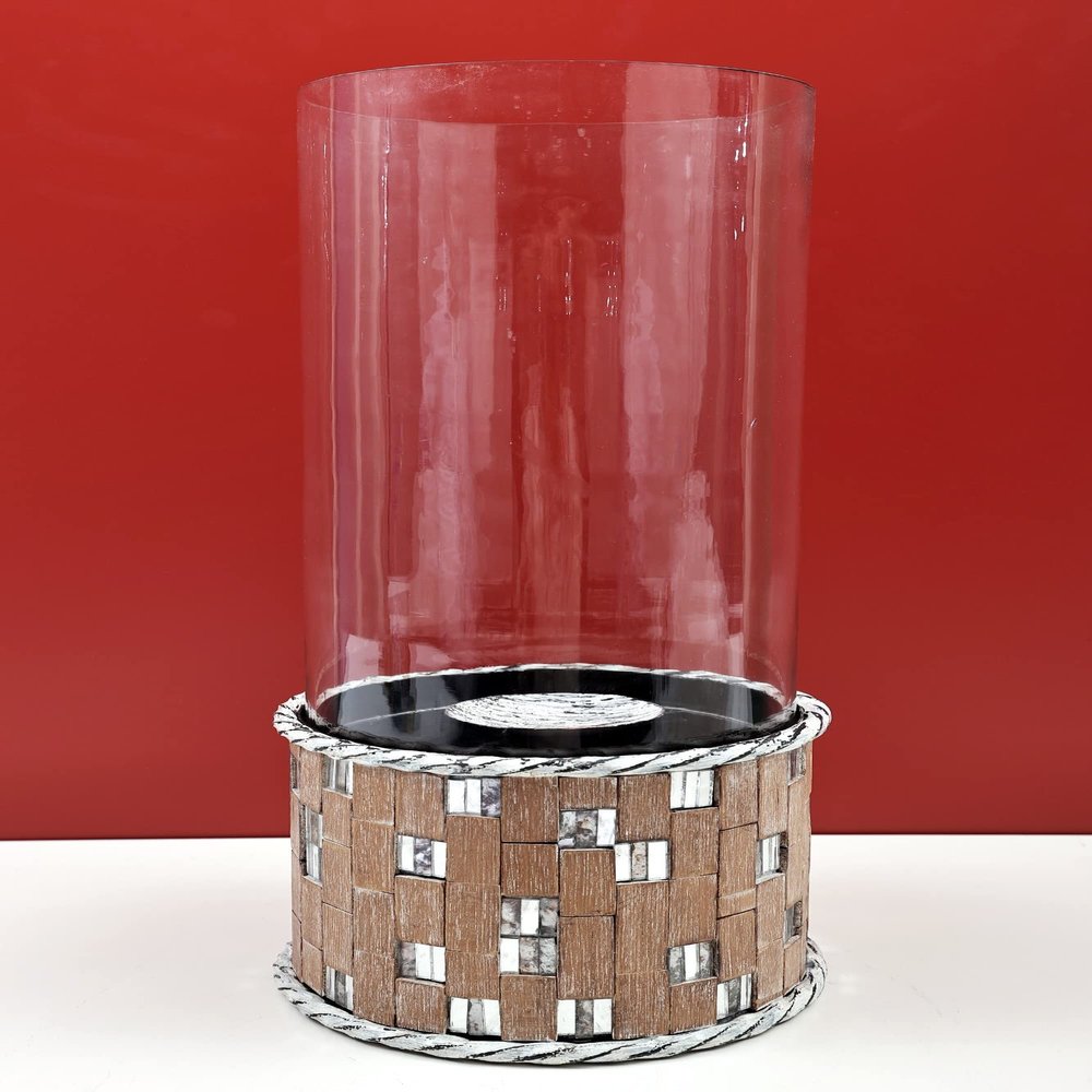 15" Glass Candle Stand | Handmade - Wood with Iron and Glass