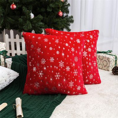 AQOTHES Soft Faux Fur Fuzzy Cute Decorative Throw Pillows Covers with Snowflake Glitter Printed Pillowcases for Christmas Decor Home Bed Room Sofa Chair Couch, Red, 16x16 inch, Pack of 2