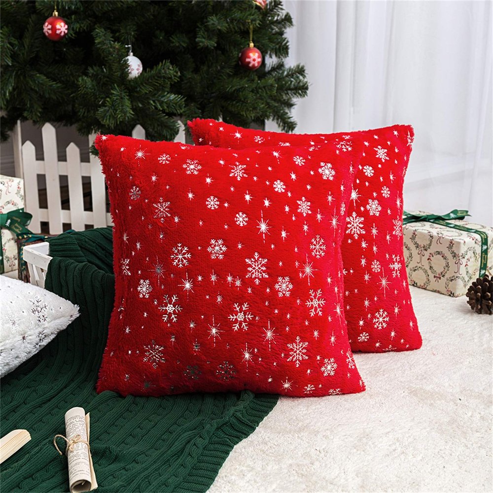 AQOTHES Soft Faux Fur Fuzzy Cute Decorative Throw Pillows Covers with Snowflake Glitter Printed Pillowcases for Christmas Decor Home Bed Room Sofa Chair Couch, Red, 16x16 inch, Pack of 2