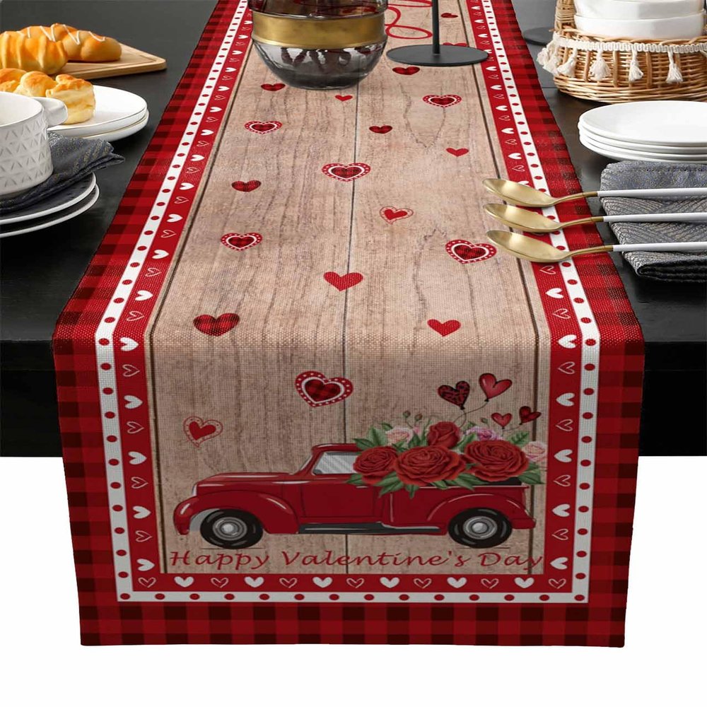 Bilagawa Valentines Day Table Runner,Happy Valentine's Day Red Truck with Roses Wood Grain Farmhouse Table Decor,Dining Table Runners for Party Decoration,13x36 Inch