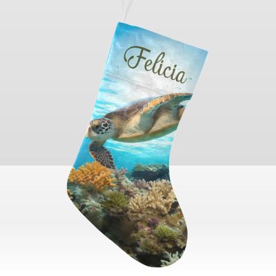 CUXWEOT Personalized Coral Sea Turtle Christmas Stockings Customize Name Candy Bag for Family Holiday Party Decorations Gift 17.52 x 7.87 Inch